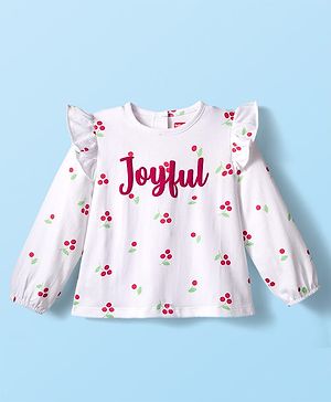 Babyhug 100% Cotton Knit Full Top with Tropical Print & Joyfull Text Print - White