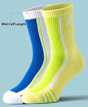 Pine Active Cotton Lycra Knit Terry Breathable Calf Length Athletic Socks Pack of 2 - White & Yellow