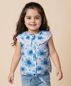 Babyhug 100% Cotton Knit Sleeveless Knotted Top with Floral Print & Frill Detailing - Blue