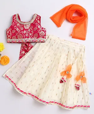 Many Frocks & Brocade &
                              Chanderi sleeveless lace and latkan
                              embellished Navratri lehenga choli dupatta
                              set- Pink & Cream