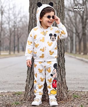 Babyhug Disney Terry Knit Full Sleeves Hooded Sweatshirt and Joggers Set with Mickey Mouse Graphics with Badge and 3D Ear Detailing - White