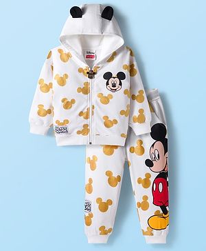 Babyhug Disney Terry Knit Full Sleeves Hooded Sweatshirt and Joggers Set with Mickey Mouse Graphics with Badge and 3D Ear Detailing - White