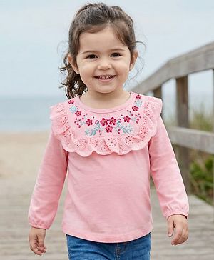 Babyhug 100% Cotton Knit Full Sleeves Top with Floral Embroidery & & Frill Detailing - Pink