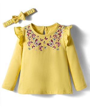 Babyhug 100% Cotton Knit Top & Hairband with Butterfly Print & Frill Detailing - Yellow