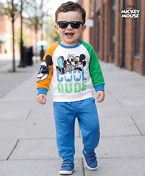 Babyhug Disney Terry Knit Full Raglan Sleeves Sweatshirt and Joggers Set with Mickey Mouse Graphics - Blue