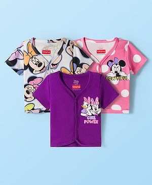 Babyhug Disney Interlock Knit Half Sleeves Front Open Jhablas With Minnie Mouse & Family Graphics Pack Of 3 - Purple Pink & White