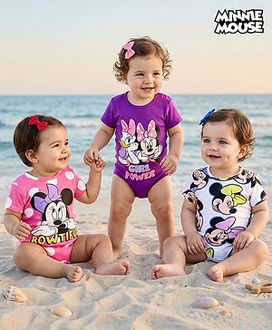 Babyhug Disney Interlock Knit Half Sleeves Onesies with Minnie Mouse & Family Graphics Pack of 3 - White Purple & Pink