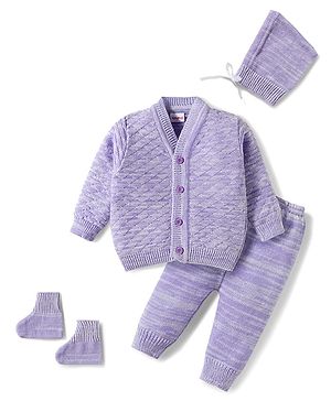 Babyhug Knitted Full Sleeves Solid Sweater Set With Cap & Booties - Purple