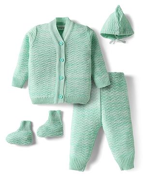 Babyhug Knit Full Sleeves Solid Color Front Open Sweater Set with Cap & Booties - Sea Green