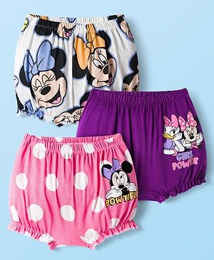 Babyhug Disney Single Jersey Knit Bloomers With Minnie Mouse & Family Print Pack of 3 - Pink Purple & White