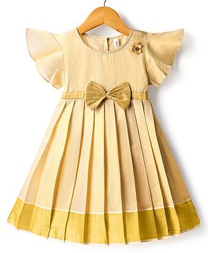 Babyhug South Cotton Woven Half Flutter Sleeves Pleated Ethnic Dress With Bow & Corsage - Off White