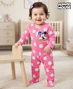 Babyhug Disney Interlock Knit Full Sleeves Footed Sleepsuit With Minnie Mouse & Family Print - Pink