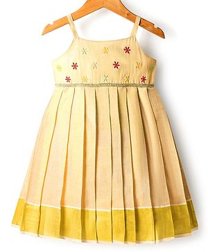 Babyhug South Cotton Woven  Sleeveless  Ethnic Dress with Floral Yoke Embroidery & Lace Detailing - Cream
