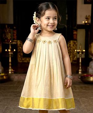 Babyhug South Cotton Woven Sleeveless Pleated Ethnic Dress With Floral Applique - Off-White
