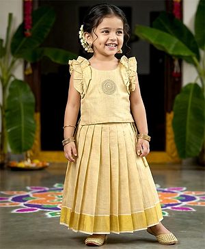 Babyhug South Cotton Woven Sleeveless Choli & Pleated Lehenga Set With Embroidery & Frill Detailing - Off-White