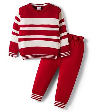 Babyhug Knit Full Sleeves Sweater Set With Stripes - Red
