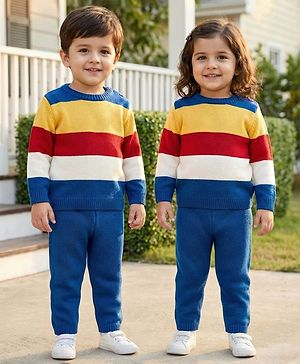 Babyhug Knitted Full Sleeves Sweater Set With Color Block Design - Multicolor