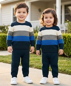 Babyhug Knit Full Sleeves Sweater Sets With Stripe Design - Navy Blue & Grey