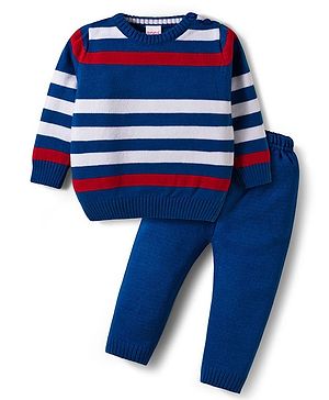 Babyhug Knit Full Sleeves Sweater Set with Stripe Design - Navy Blue