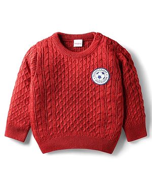 Babyhug Knit Full Sleeves Pullover Sweater with Cable Knit Design & Patch Detailing - Rust Orange