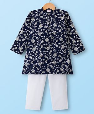 Babyhug Woven Full Sleeves Kurta Pajama Set With Floral Embroidery - Navy Blue