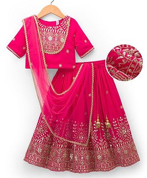 Babyhug Woven Half Sleeves Choli Lehenga Set with Dupatta Embroidery & Sequin Detailing - Dark Pink