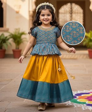 Babyhug Brocade Woven Half Sleeves Pattu Pavada Choli Lehenga Set With Floral Print - Yellow