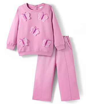 Babyhug Terry Knit Premium Light Gauge Terry Full Sleeves Top & Pant Set With Butterfly Embroidery - Pink