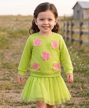 Babyhug Terry Knit Full Sleeves Top & Skirt Set with Floral Applique - Limegreen