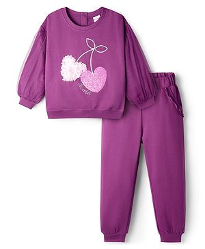 Babyhug Terry Knit Premium Light Gauge Terry Full Volume Sleeves Top & Lounge Pant Set with Back Snap Button & Sequin Cherry Print - Purple
