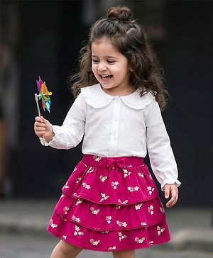 Babyhug Single Jersey Knit Full Sleeves Front Open Peter Pan Collar Top and Skirt Set With Floral Print - White & Dark Pink