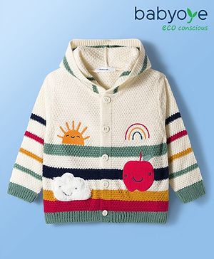 Babyoye Knit Full Sleeves Front Open Hooded Sweater with Stripes Sun & Rainbow Design - White