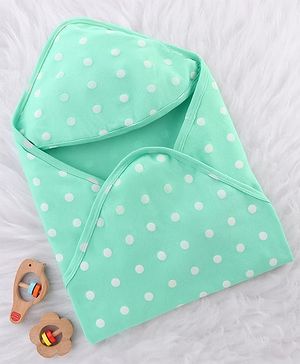 Babyhug Cotton Interlock Knit Hooded Wrapper with Polka Dots Print L 76 x B 71.5 cm - Green