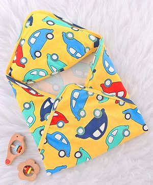 Babyhug Cotton Interlock Knit Hooded Wrapper with Vehicle Print L 76 x B 71.5 cm - Yellow