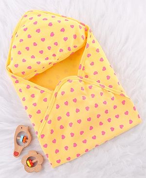 Babyhug Cotton Interlock Knit Hooded Wrapper with Hearts Print L 76 x B 71.5 cm - Yellow