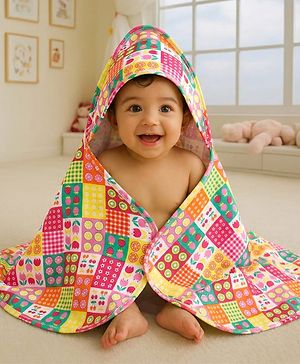 Babyhug Cotton Interlock Knit Hooded Wrapper with Tropical Theme Printed L 76 x B 73 cm - White