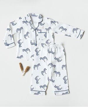 The Boo Boo Club Muslin Woven Full Sleeves Zebras Printed Night Suit Set - White