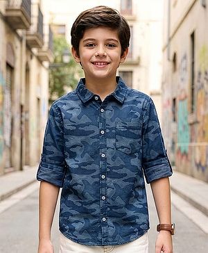Pine Kids Denim Woven Full Sleeves Shirt with Camouflage Design - Blue