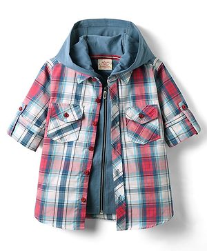 Rikidoos Full Sleeves Checked Shirt With Attached Solid Hooded Tee - Red & Blue
