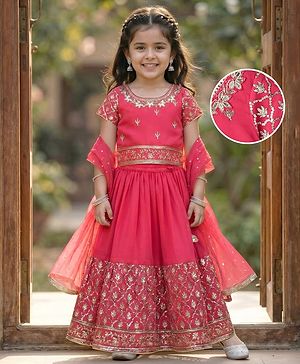 Babyhug Georgett Woven Half Sleeves Choli Lehenega & Dupatta Set With Floral Embriodery & Sequin Detailing - Red