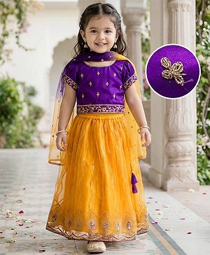 Babyhug Net Woven Half Sleeves Net Embroidered Choli Lehenga & Dupatta Set With Sequin Detailing - Purple & Yellow