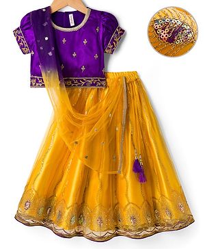 Babyhug Net Woven Half Sleeves Net Embroidered Choli Lehenga & Dupatta Set With Sequin Detailing - Purple & Yellow