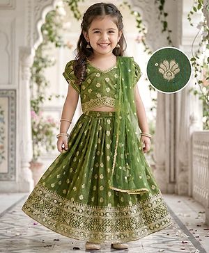 Babyhug Brocade Woven Half Puffed Sleeves Choli Lehenga with Dupatta Embroidery & Sequin Detailing - Green