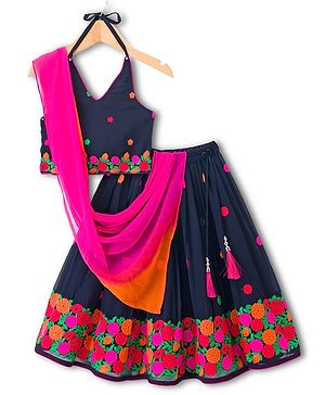 Babyhug Georgette Woven Sleeveless Choli Lehenga & Dupatta Set With Floral Embroidery - Navy Blue