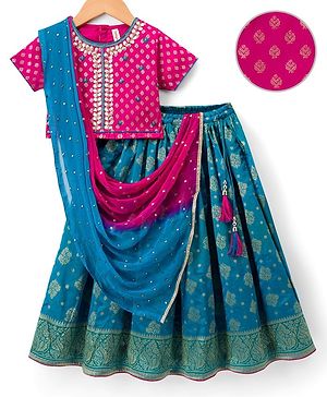 Babyhug Brocade Half Sleeves Embroidered Choli Lehenga Set with Dupatta - Pink & Blue