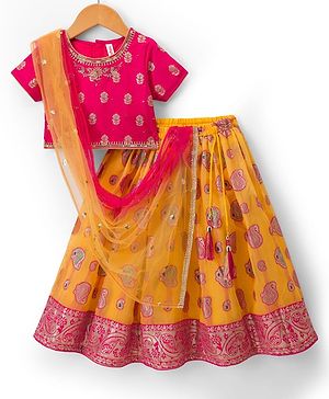 Babyhug Brocade Half Sleeves Embroidered Choli Lehenga Set with Dupatta & Sequin Detailing - Pink & Yellow