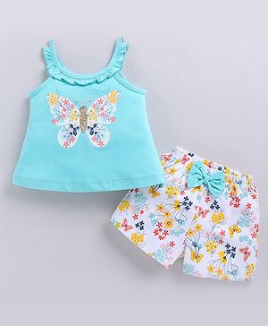 Snuggly MONKEY 100% Cotton Jersey Knit Sleeveless Butterfly Printed Sequins Embellished Coordinating Top & Shorts Set - Mint
