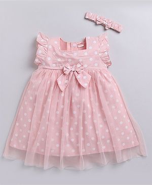 Snuggly MONKEY Poplin Woven Frill Sleeves Polka Dots Printed Bow Applique Detailed Dress With Headband - Peach