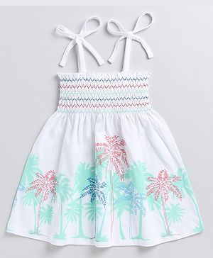 Snuggly MONKEY Single Jersey Knit Sleeveless Palm Trees Printed Smock Detailed Noodle Strap Dress - White