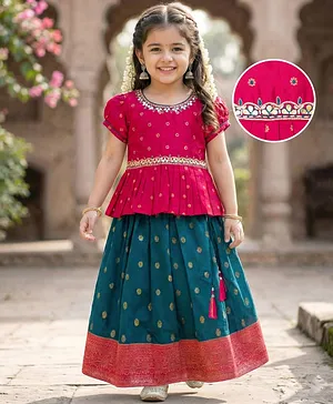 Babyhug Brocade Woven Full Sleeves
                              Pattu Pavda Choli Lehenga Set With Floral
                              Foil Print & Embriodery - Red &
                              Green